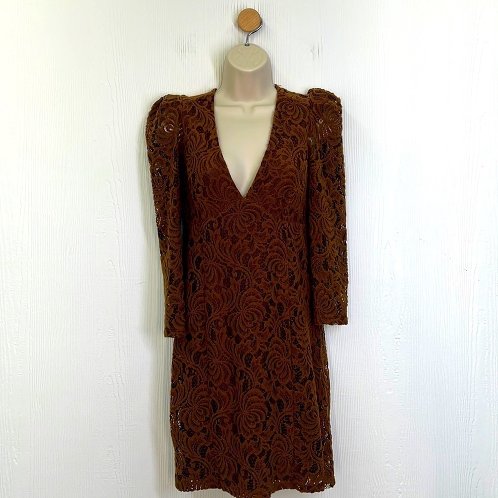 Free People - Dana’s Body-con Deep V Bronze Flat Lace Mini Dress Size XS